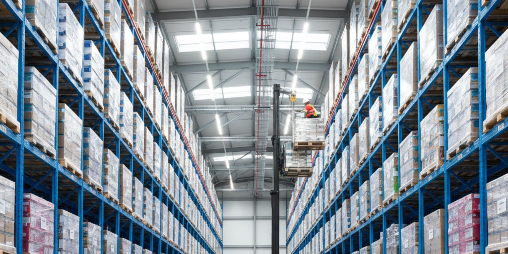 Innenansicht einer großen, modernen Logistikhalle mit extrem hohen, blauen Hochregalen, die bis zur Unterkante der Binder reichen. Ein Schmalgangstapler ist dabei, Paletten in eine obere Ebene zu befördern. Man sieht die gut ausgeleuchtete Deckenkonstruktion mit Dachbindern und technischen Installationen wie Sprinkleranlagen, die oberhalb der gelagerten Güter verlaufen. Das Bild verdeutlicht die maximale Ausnutzung der vertikalen Lagerfläche.